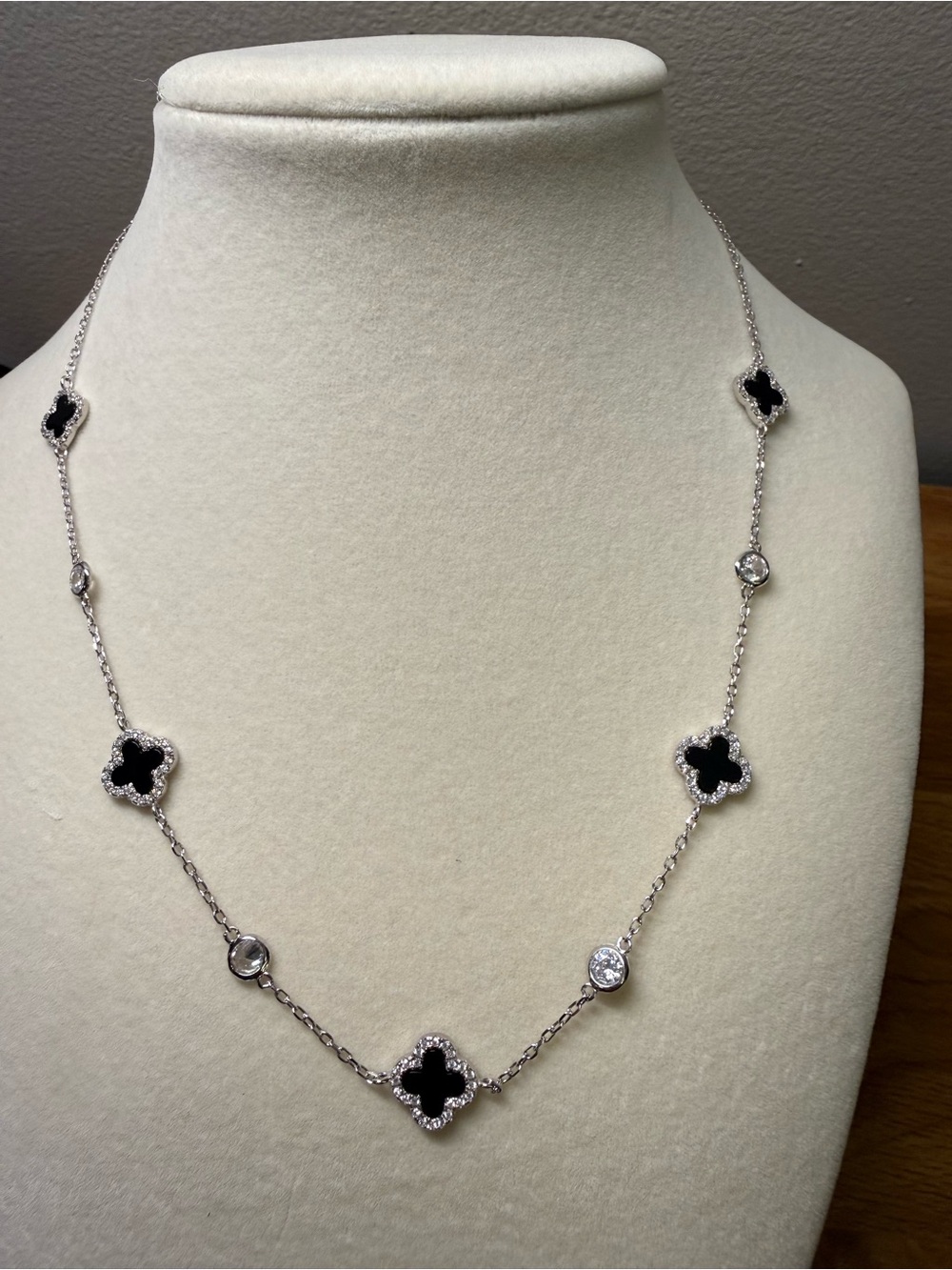 Silver Necklace with Black Clover Motifs and Clear Stones